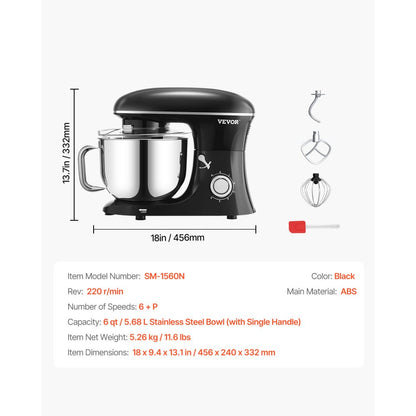 SM-1560N - 6 QT Durable Stand Mixer with 6 Speeds and Attachments