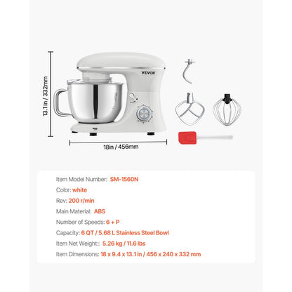 SM-1560N - 6QT Powerful Stand Mixer with Metal Durability and 6 Speeds