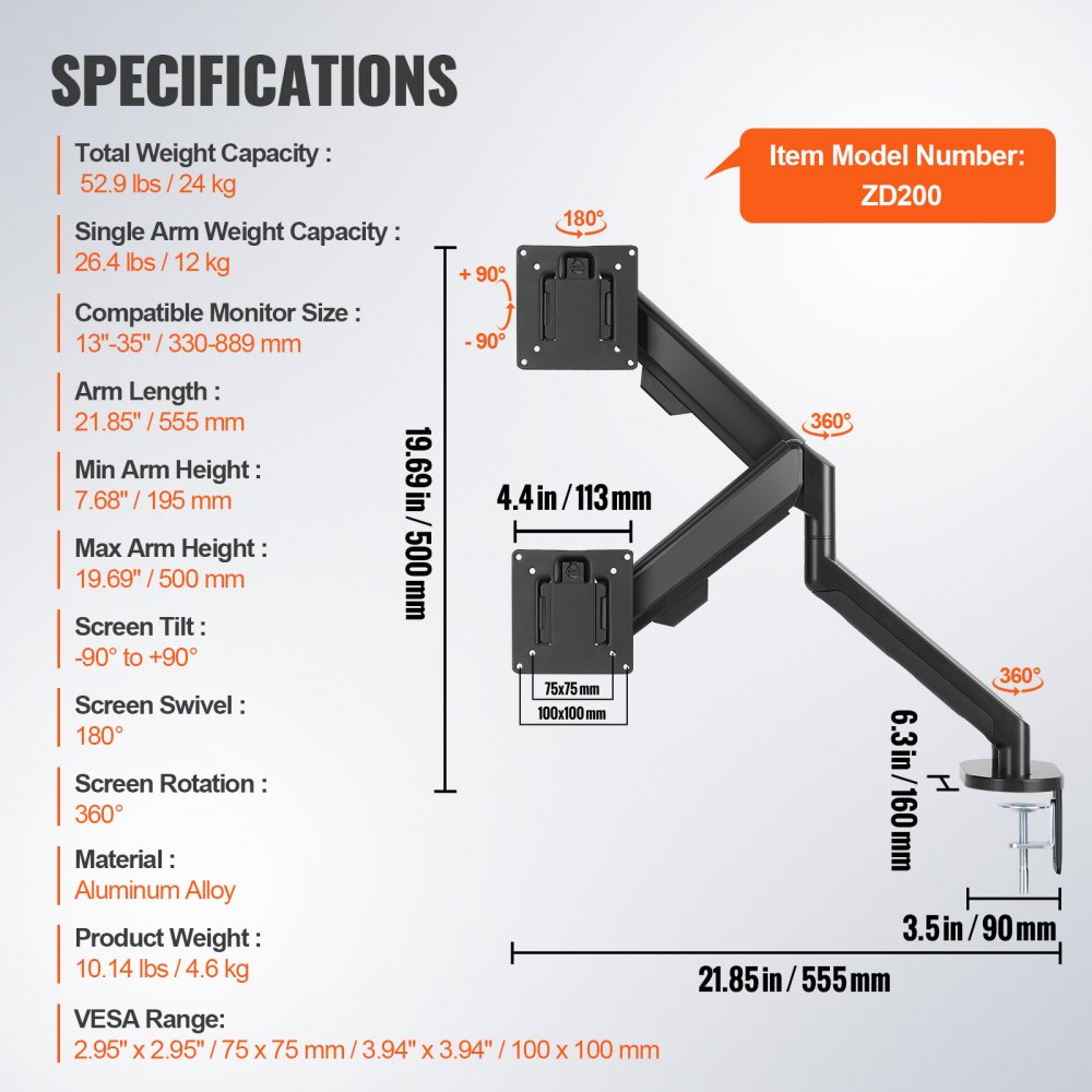 ZD200 - Adjustable Dual Monitor Arm for 13"-35" Screens, Up to 26.4 lbs