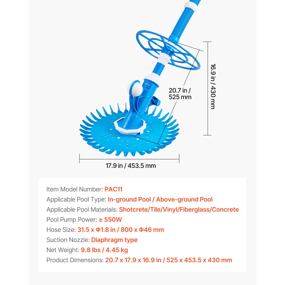 PAC11 - Automatic Suction Pool Cleaner for Pools Up to 20x35 ft