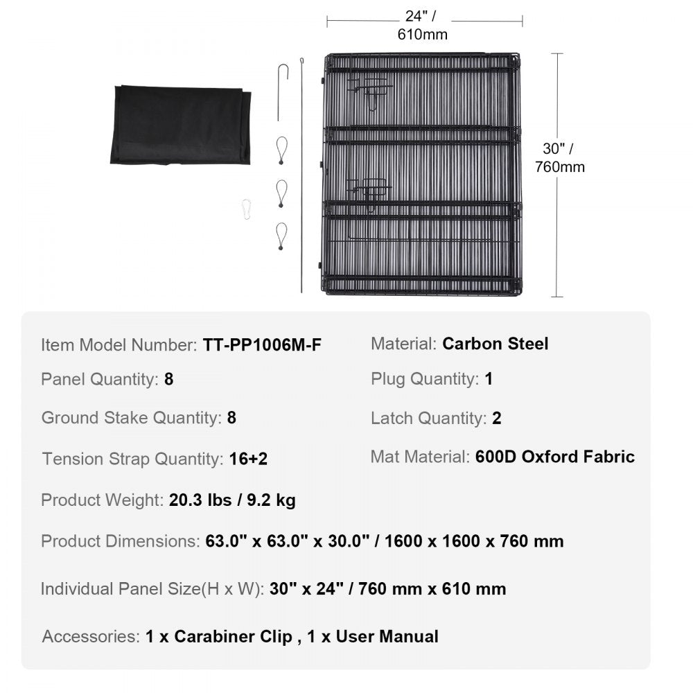 TT-PP1006M-F - 30" High Foldable Dog Playpen - 8 Panels, Indoor/Outdoor Use