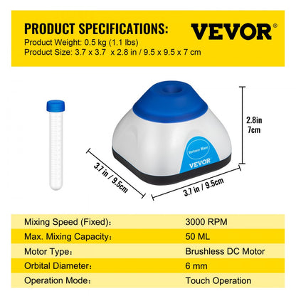 KW-3000-1L - Efficient 3000RPM Vortex Mixer for Test Tubes, 6mm Orbital