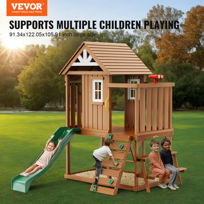 TLG92008 - Cedar Wooden Playhouse 91.34"x122.05" with Slide, Ladder & Kitchen