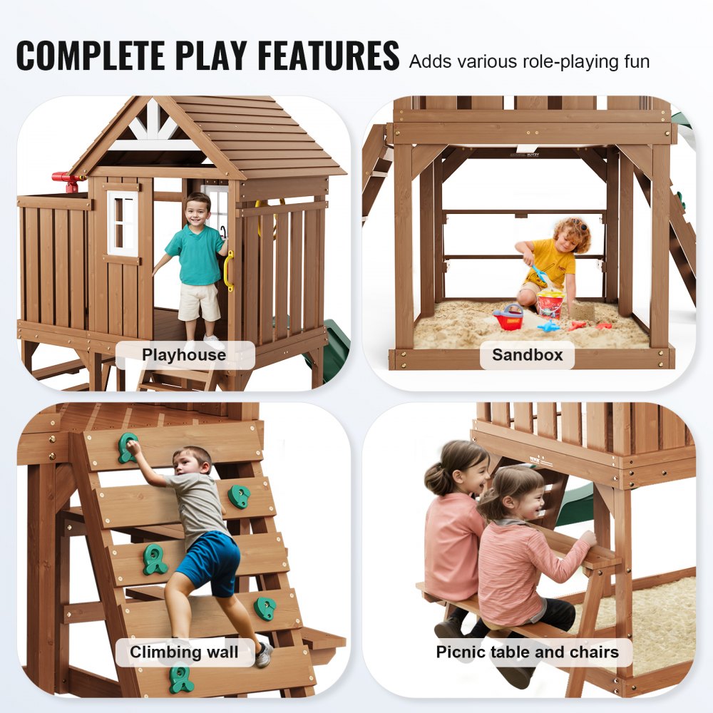 TLG92008 - Cedar Wooden Playhouse 91.34"x122.05" with Slide, Ladder & Kitchen