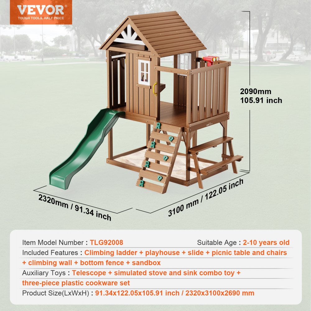 TLG92008 - Cedar Wooden Playhouse 91.34"x122.05" with Slide, Ladder & Kitchen