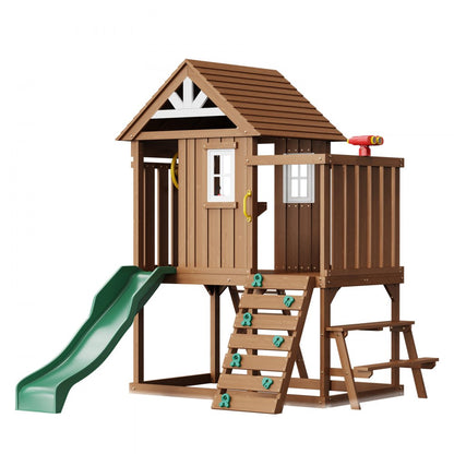 TLG92008 - Cedar Wooden Playhouse 91.34"x122.05" with Slide, Ladder & Kitchen