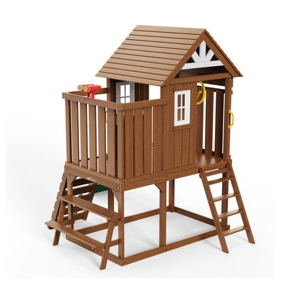 TLG92008 - Cedar Wooden Playhouse 91.34"x122.05" with Slide, Ladder & Kitchen