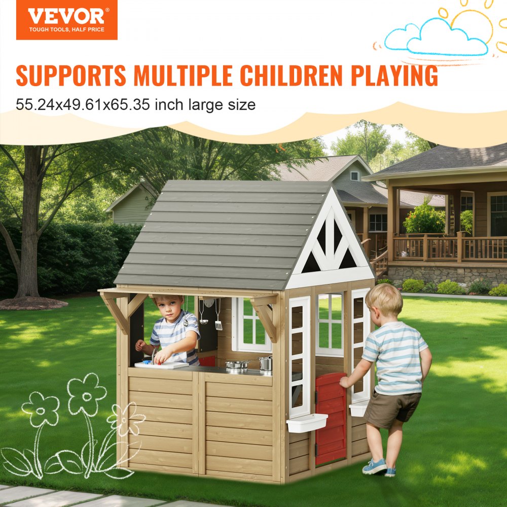 TLG91001 - Weather-Resistant Wooden Playhouse with Kitchen for Ages 2-8