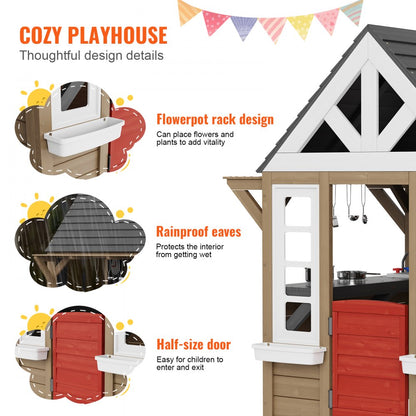 TLG91001 - Weather-Resistant Wooden Playhouse with Kitchen for Ages 2-8