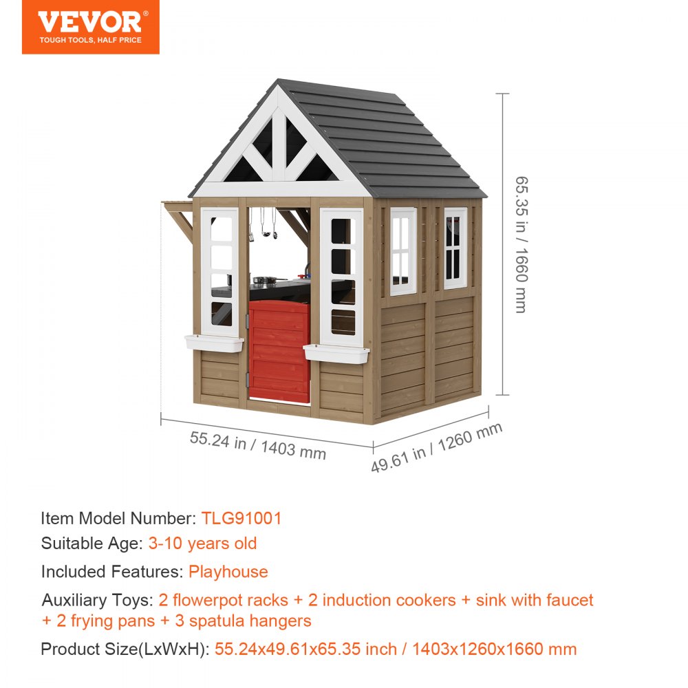 TLG91001 - Weather-Resistant Wooden Playhouse with Kitchen for Ages 2-8