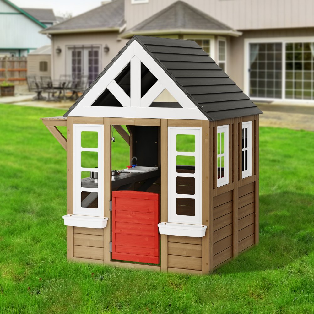 TLG91001 - Weather-Resistant Wooden Playhouse with Kitchen for Ages 2-8