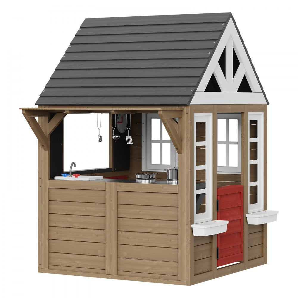 TLG91001 - Weather-Resistant Wooden Playhouse with Kitchen for Ages 2-8