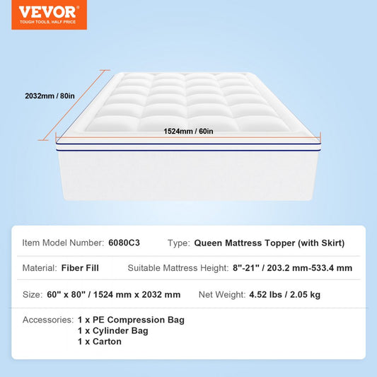 6080C3 - 1" Thick Fiber Fill Mattress Topper with Detachable Casing