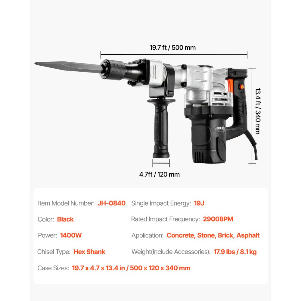 JH-0840 - 1400W VEVOR Demolition Jack Hammer with 2900 BPM Impact