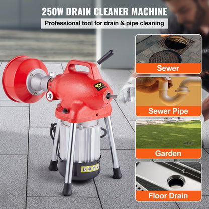 010843204004 - 66FT Steel Drain Cleaner with 7 Cutters and 250W Motor