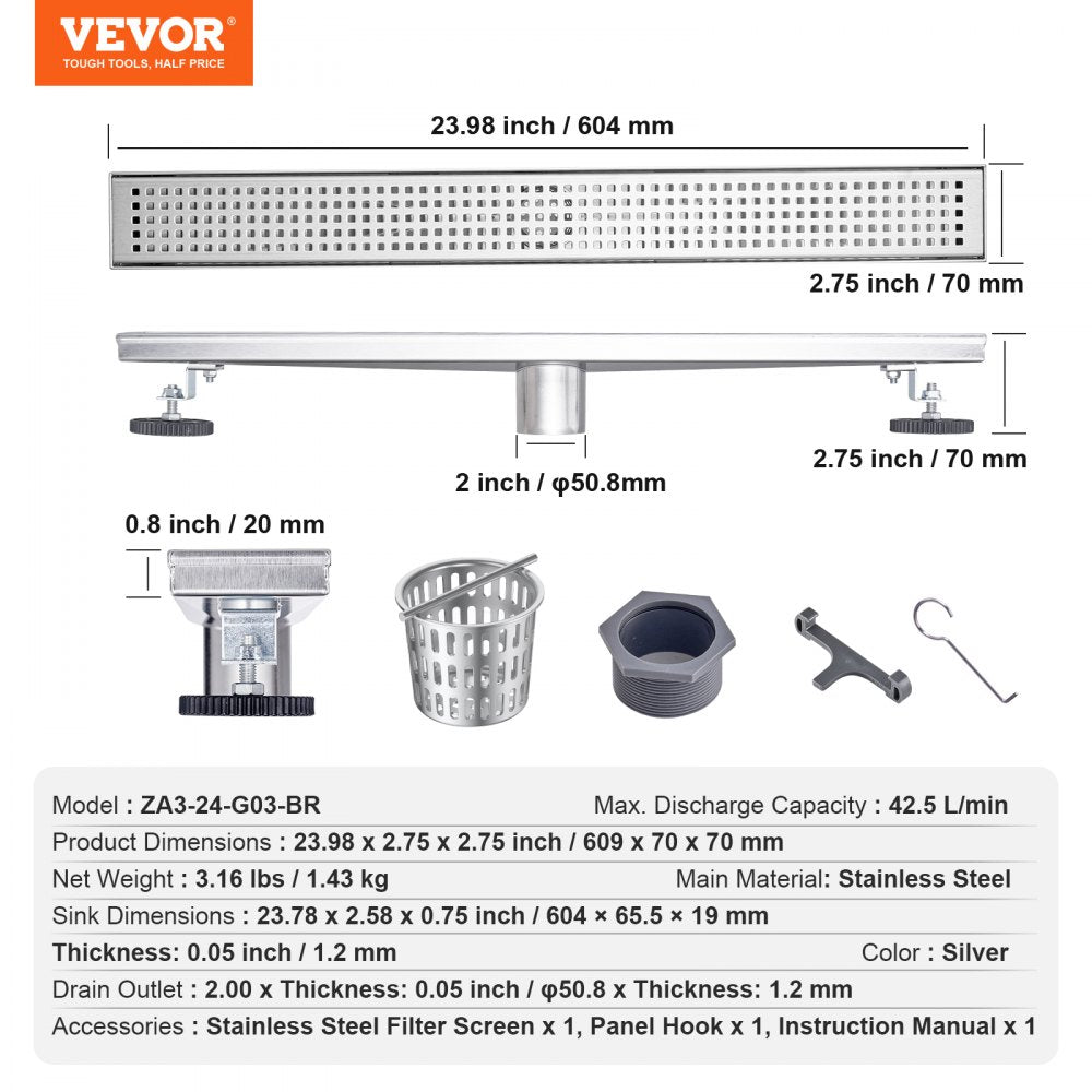 ZA3-24-G03-BR - 24 Inch VEVOR Linear Shower Drain for Rapid Water Flow