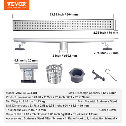 ZA3-24-G03-BR - 24 Inch VEVOR Linear Shower Drain for Rapid Water Flow