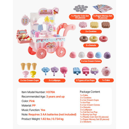 H376A - Kids Ice Cream Cart Toy with Lights, Music & Treat Accessories