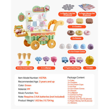 H376A - Portable Kids Ice Cream Cart with 27 Fun Accessories