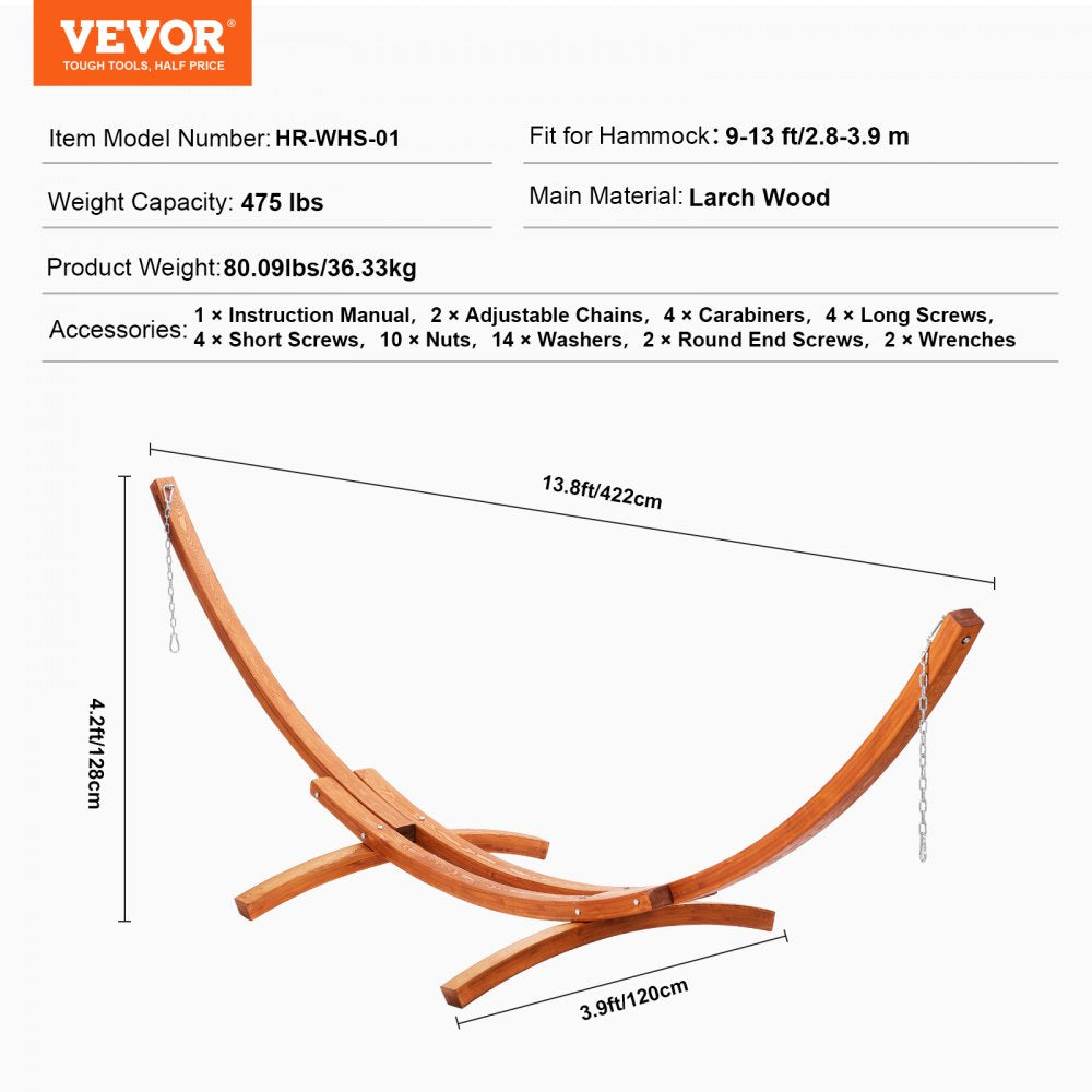 HR-WHS-01 - Adjustable Wooden Hammock Stand for 9-13ft Hammocks, 475lbs Capacity