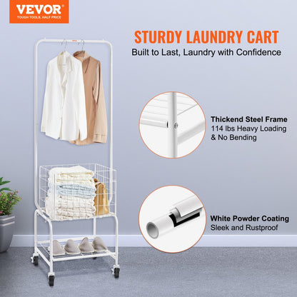 010932686363 - Rolling Metal Laundry Basket & Adjustable Height Garment Rack
