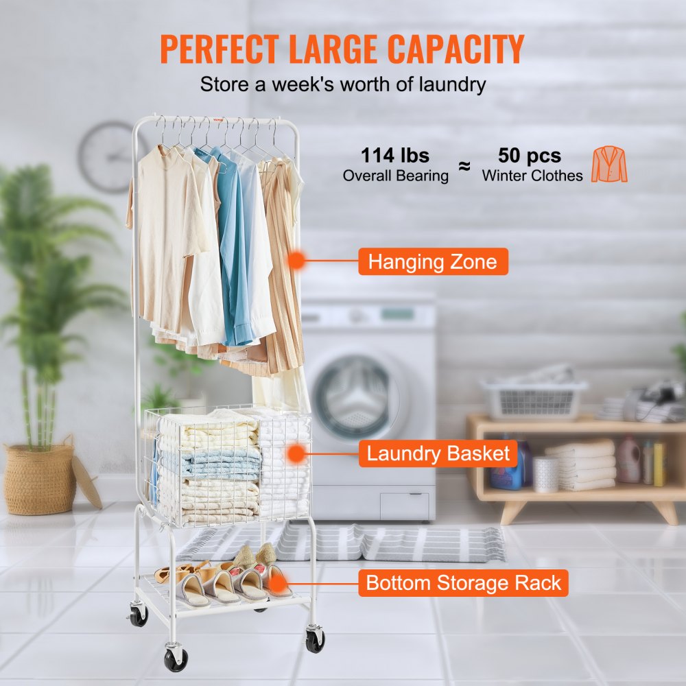 010932686363 - Rolling Metal Laundry Basket & Adjustable Height Garment Rack