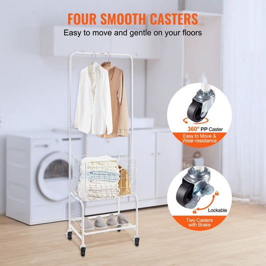 010932686363 - Rolling Metal Laundry Basket & Adjustable Height Garment Rack