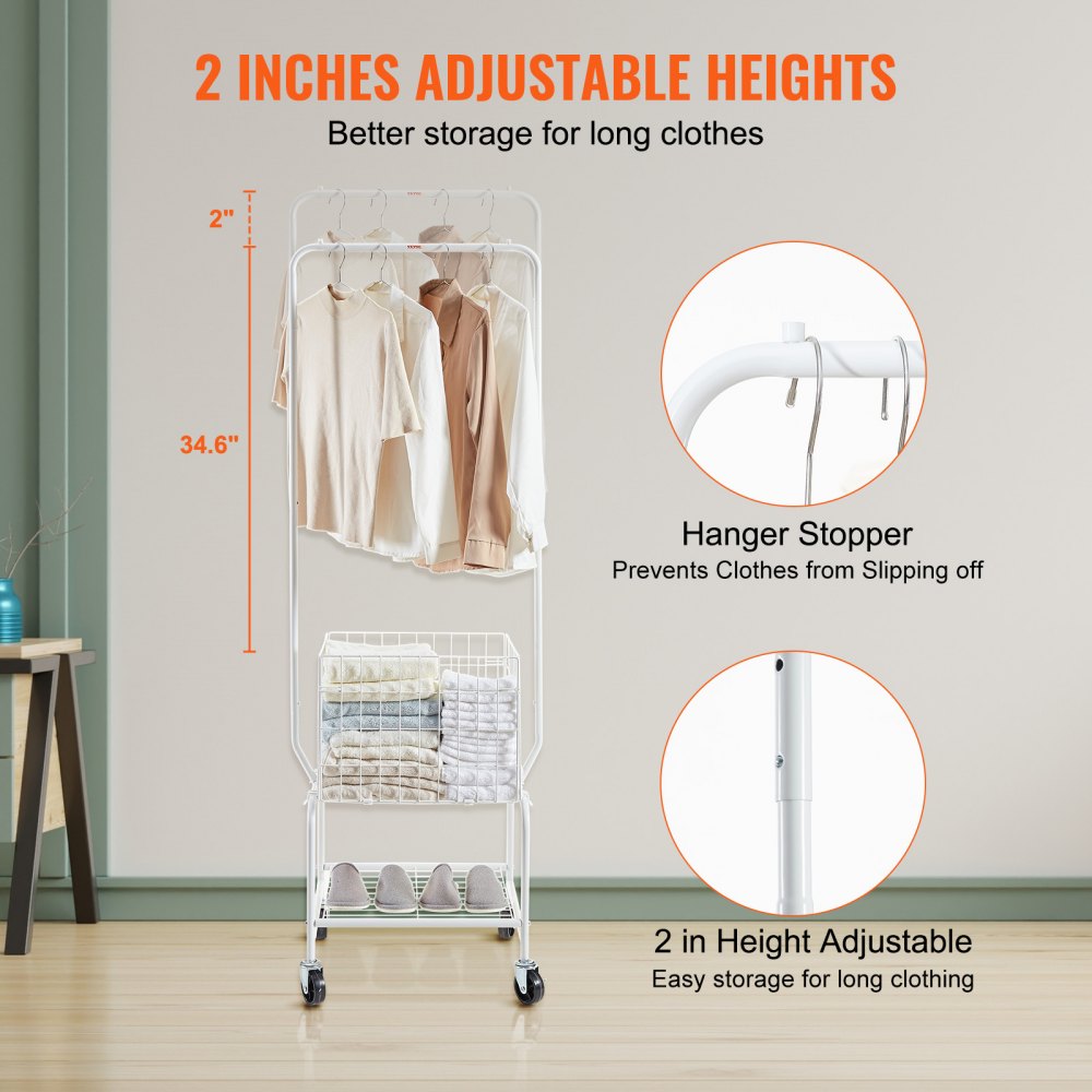 010932686363 - Rolling Metal Laundry Basket & Adjustable Height Garment Rack
