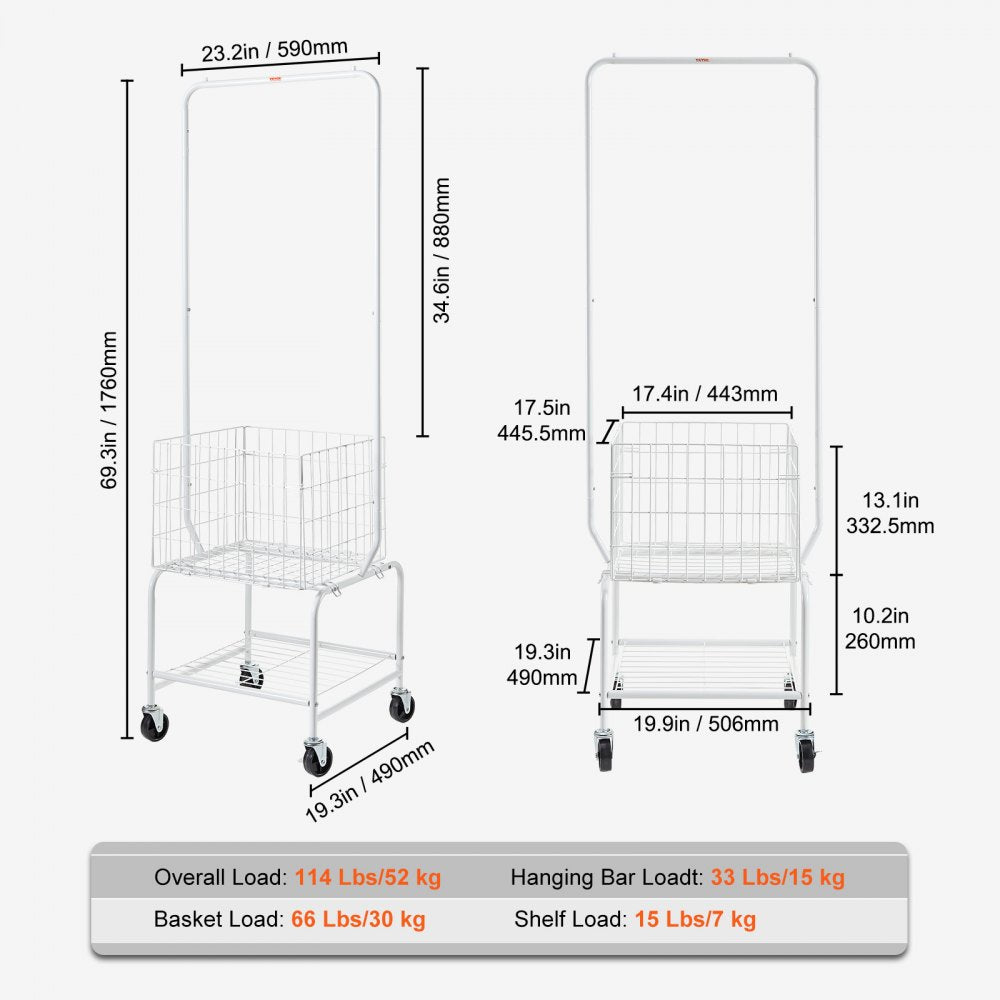 010932686363 - Rolling Metal Laundry Basket & Adjustable Height Garment Rack