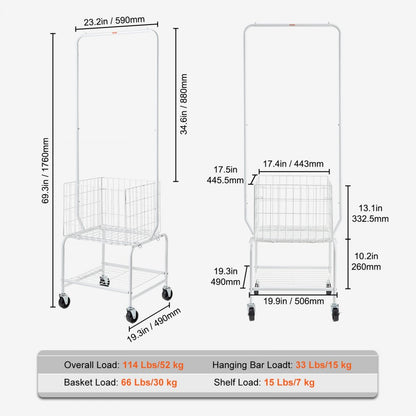 010932686363 - Rolling Metal Laundry Basket & Adjustable Height Garment Rack