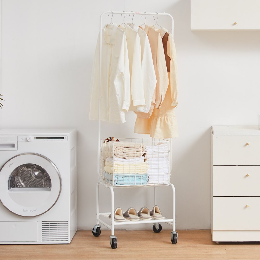 010932686363 - Rolling Metal Laundry Basket & Adjustable Height Garment Rack