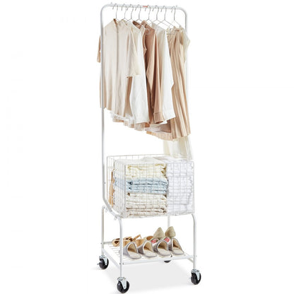 010932686363 - Rolling Metal Laundry Basket & Adjustable Height Garment Rack