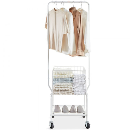 010932686363 - Rolling Metal Laundry Basket & Adjustable Height Garment Rack
