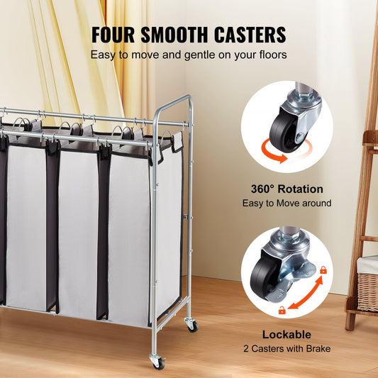 FW-7665 - 4-Bag Laundry Sorter Cart with Heavy-Duty Wheels
