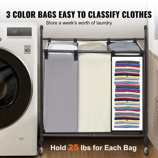 010686409739 - 3-Compartment Laundry Sorter on Wheels, Durable Iron Frame