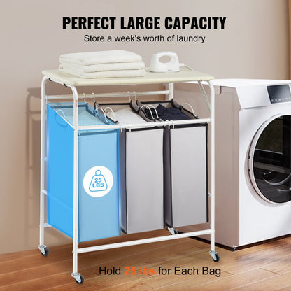 FW-705DA - Durable 3-Section Laundry Cart with Iron Frame & Wheels