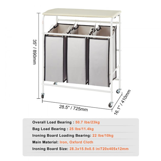 FW-705DA - Durable 3-Section Laundry Cart with Iron Frame & Wheels