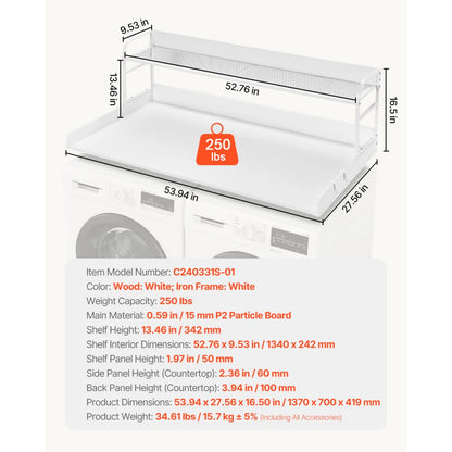 C240331S-03 - 54" x 27" Durable Washer Dryer Countertop with Hooks