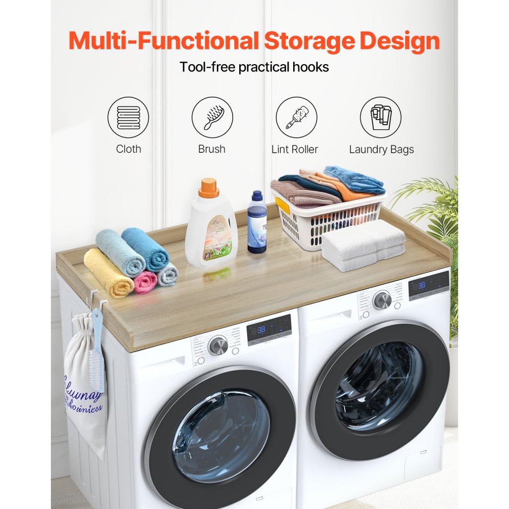 C240329S-02 - 54” Solid Wood Laundry Countertop with Hooks