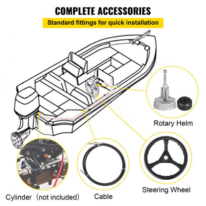 010304421122 - Durable Rotary Boat Steering Kit with 13.5" Wheel & 12ft Cable