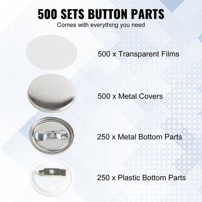 D25-250S+250J - 500 Durable Button Badge Parts Set for Crafting