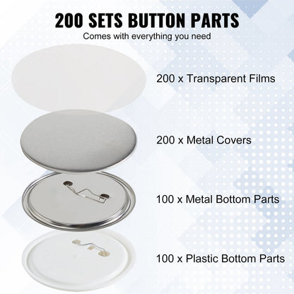 D75-100S+100J - 200 Sets Durable Button Badge Parts for Crafting