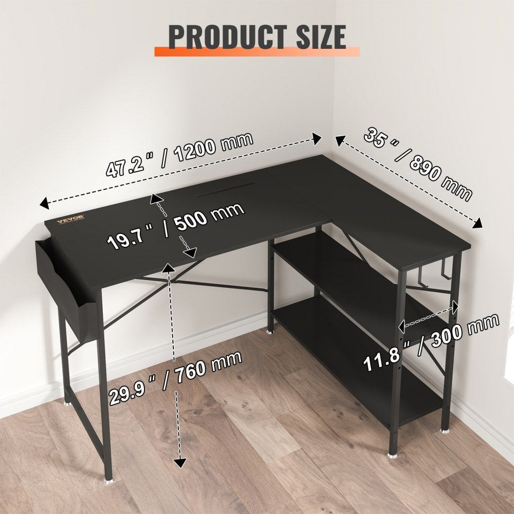 010768246495 - 47" L Shaped Black Desk for Home Office & Gaming