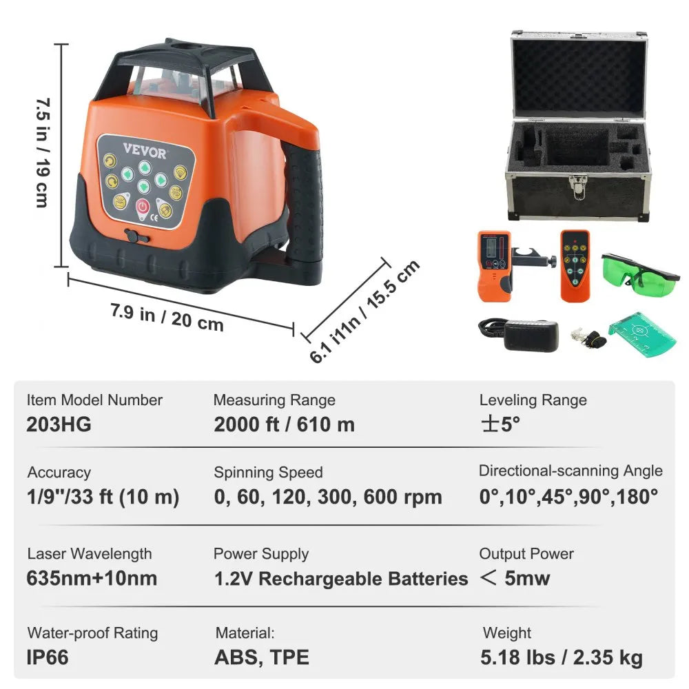 203HG - 2000ft VEVOR Laser Level with Remote & IP66 Durability