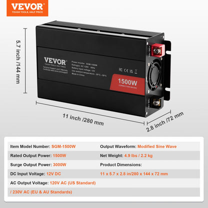 SGM-1500W - 1500W VEVOR Inverter for Home Electronics, DC 12V to AC 120V