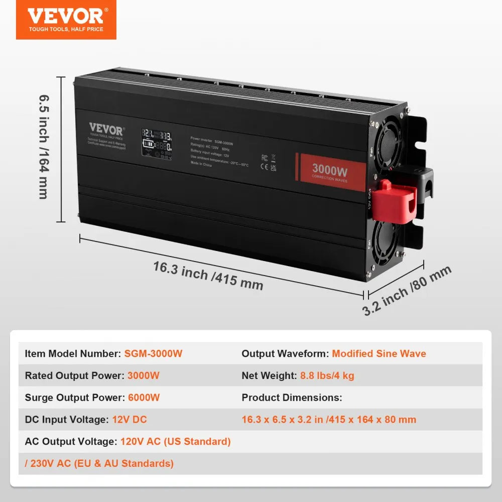 SGM-3000W - Durable 3000W Modified Sine Wave Inverter with LCD Display