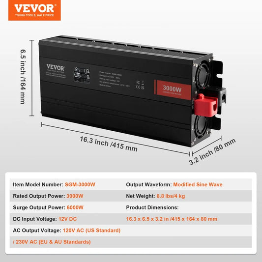 SGM-3000W - Durable 3000W Modified Sine Wave Inverter with LCD Display