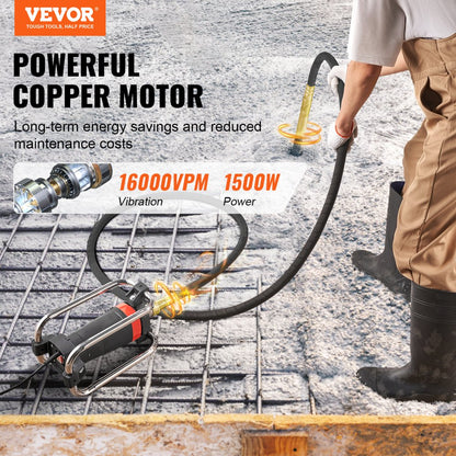 JY150 - 1500W Electric Concrete Vibrator, 16000 VPM for Smooth Finishes