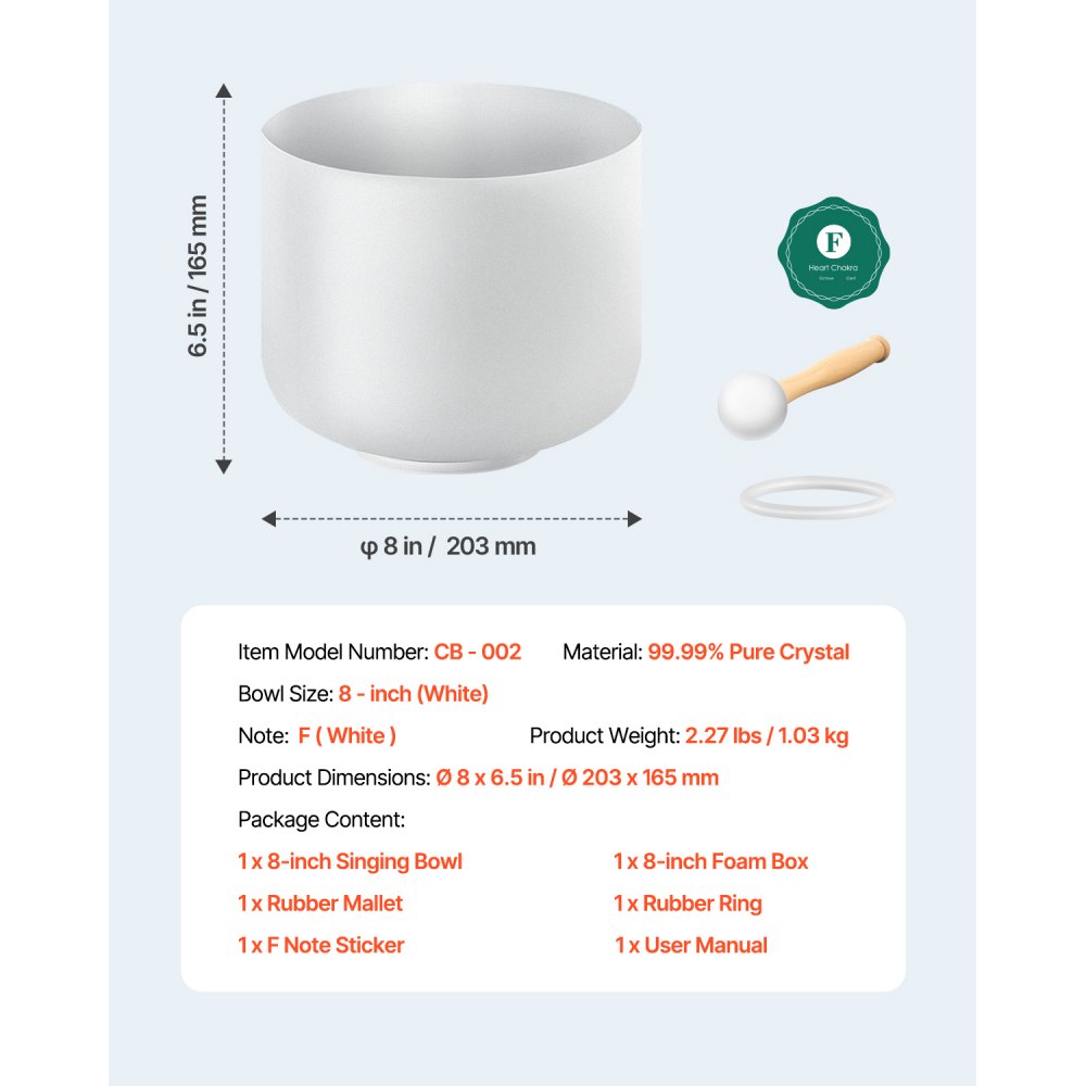 CB-002 - 8-inch Crystal Singing Bowl for Heart Chakra Healing