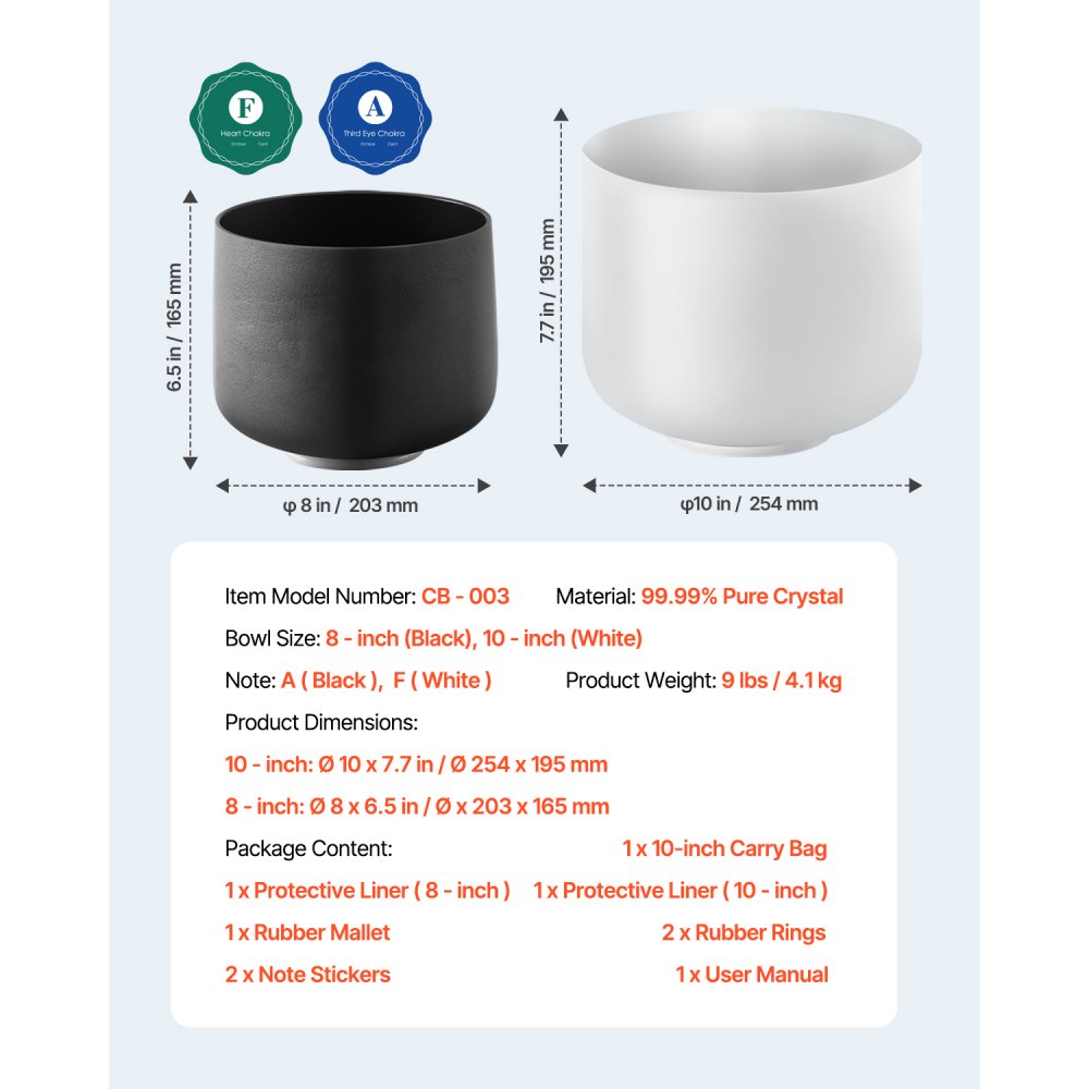 CB-003 - 8" & 10" Pure Crystal Singing Bowls for Meditation